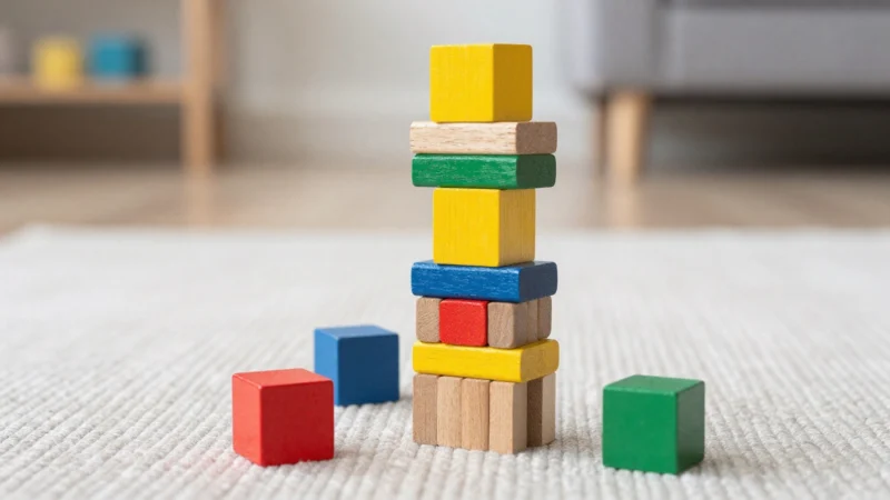 Wooden blocks stacked into a tower on a playroom rug